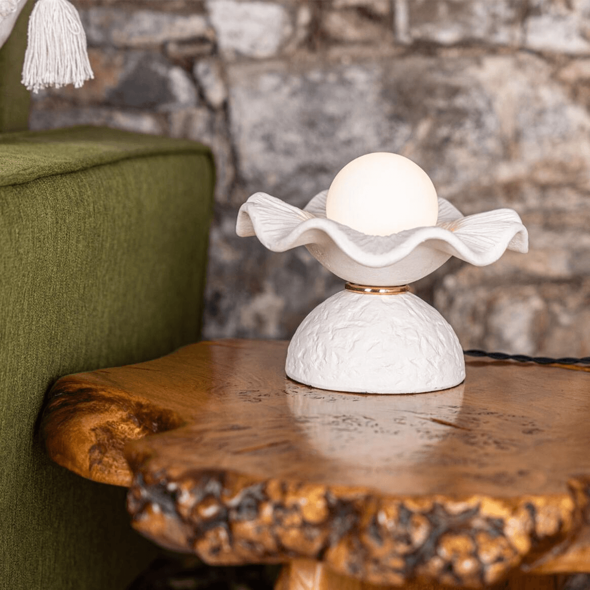 Mullan Rivale Table Lamp with Wavy Ceramic Shade Matte White Striped - Polished Brass Finish