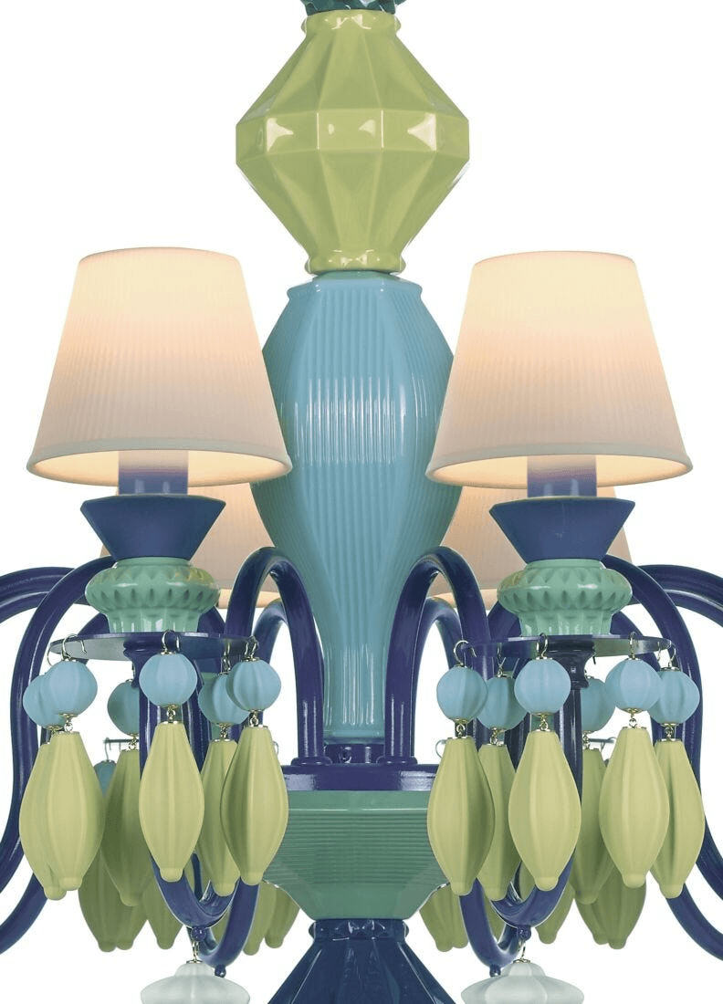 Lladró - Belle de Nuit 12 Lights Chandelier - Green with multicolored porcelain accents and lampshades.