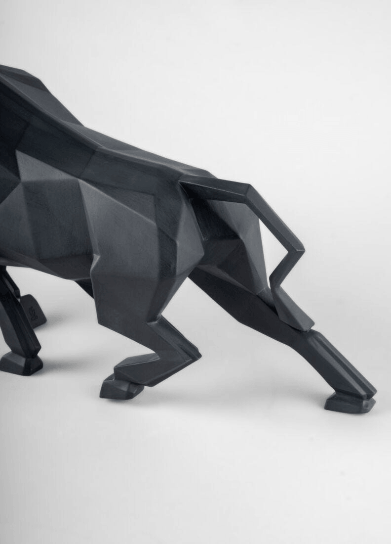 Lladró - Bull Sculpture - Black matte showcasing a geometric black porcelain bull ready to charge.