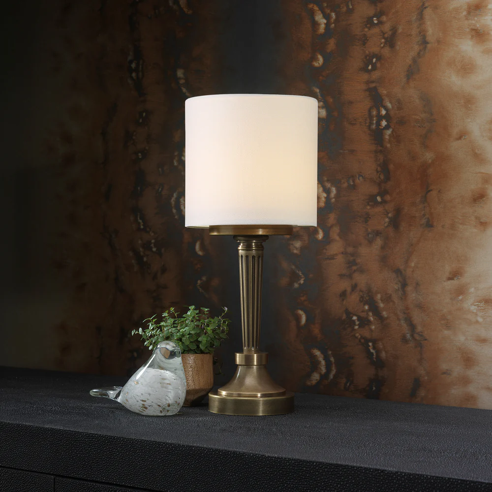 Northern Light - Chelton Rechargeable Table Lamp - Old English Brass Light Finish - 7" Rolled Edge Drum Snowdrift Shade