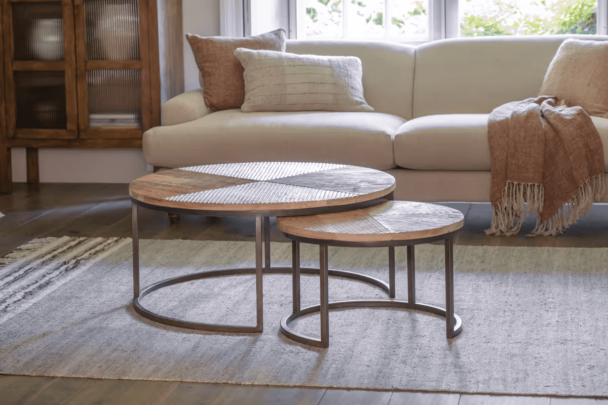 Nkuku - Aasha Carved Mango Wood & Iron Nesting Coffee Tables - Natural - (Set of 2)
