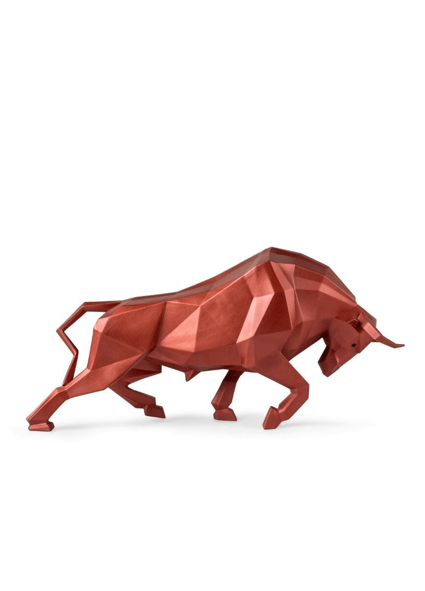 Lladró - Bull Sculpture - Metallic Red, a porcelain bull with geometric design, featuring a striking metallic red color.