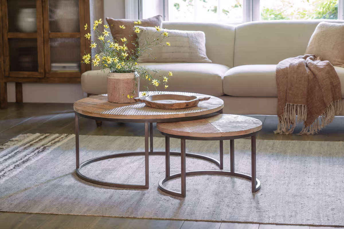 Nkuku - Aasha Carved Mango Wood & Iron Nesting Coffee Tables - Natural - (Set of 2)