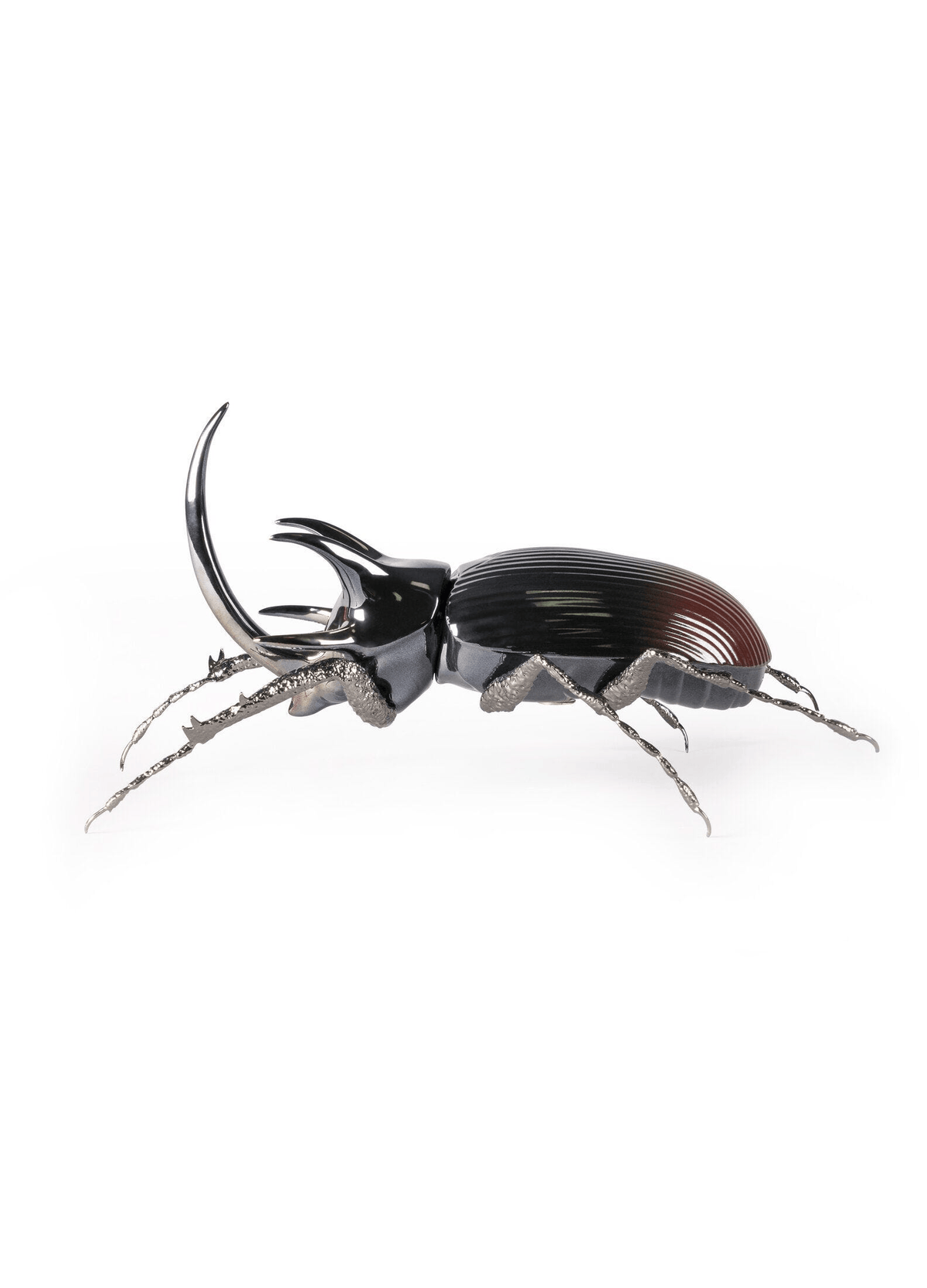 Lladró - Rhinoceros Beetle Figurine crafted in porcelain with brass legs and a glossy black finish.