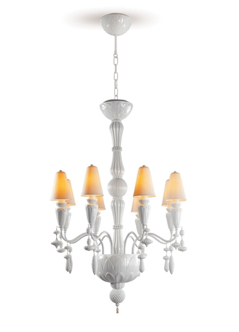 Lladró - Ivy and Seed 8 Lights Chandelier - White with porcelain design and amber light shades.