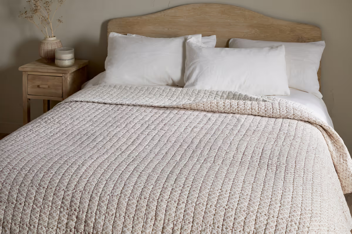 Nkuku - Peplu Cotton & Linen Screen Print Bed Quilt - Rust - 220 x 240cm