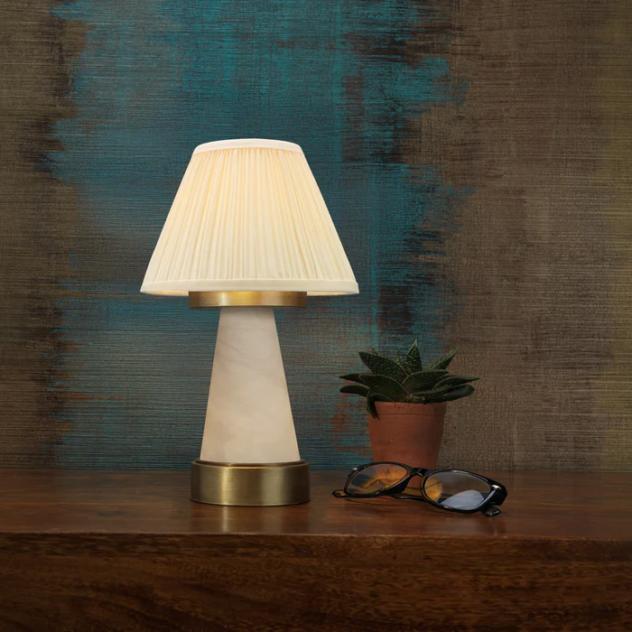 Northern Light - Sarina Rechargeable Table Lamp - Old English Brass Light Finish - 7" Pleated Empire Ivory Cotton Shade