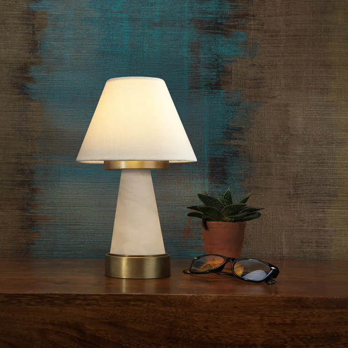 Northern Light - Sarina Rechargeable Table Lamp - Old English Brass Light Finish - 7" Rolled Edge Empire Snowdrift Shade