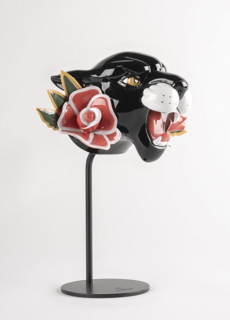 Lladró - Wild Panther Figurine, porcelain panther head sculpture with rose detail on stand.