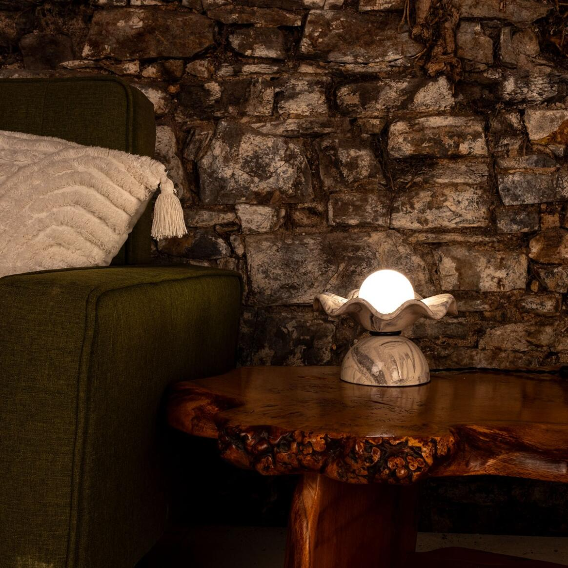 Mullan Rivale Table Lamp with Wavy Marbled Ceramic Shade - Powder Coated Matte Black Finish