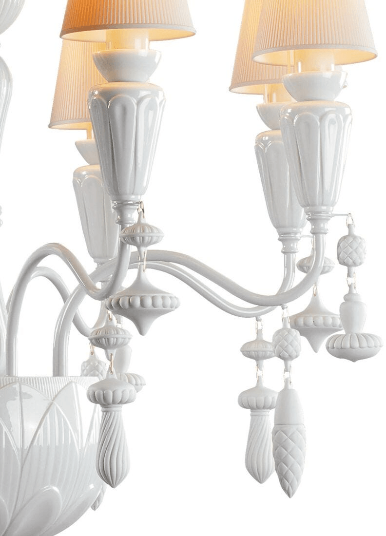 Lladró - Ivy and Seed 8 Lights Chandelier - White close-up, featuring elegant porcelain design and floral motifs.