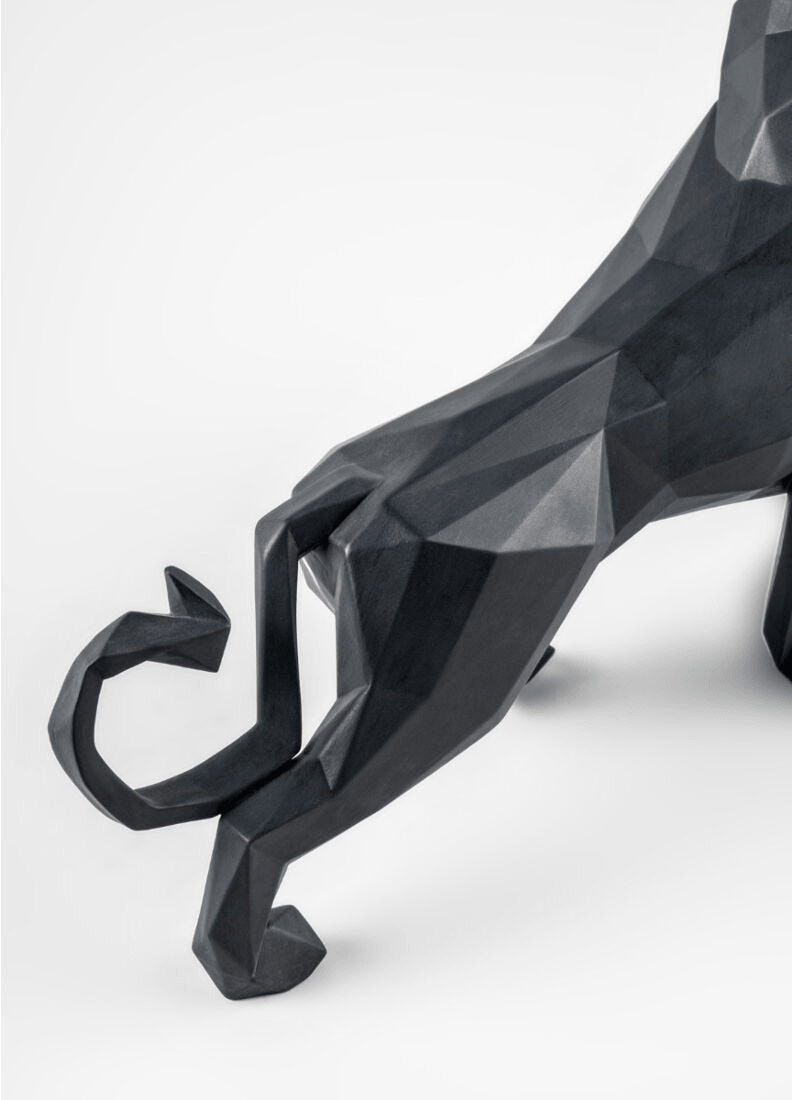 Lladró - Lion Sculpture - Matte Black, detailed view of geometric black porcelain lion sculpture.