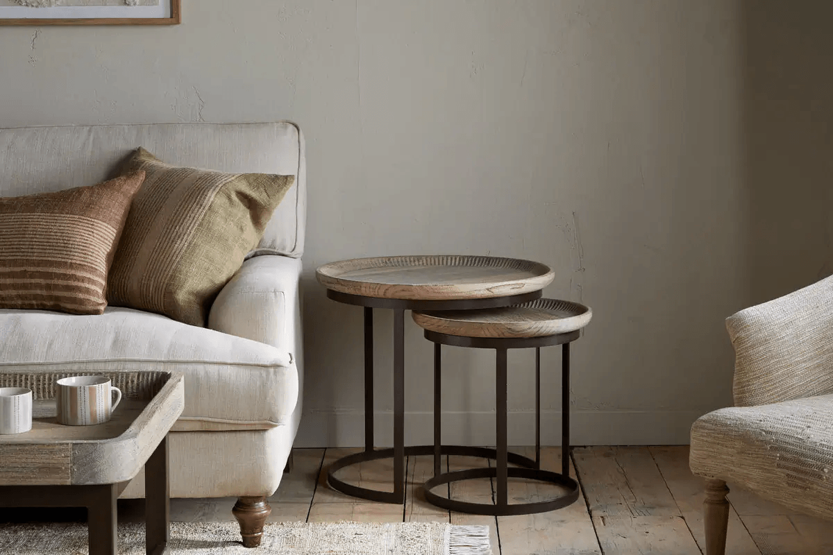 Nkuku - Nisha Carved Reclaimed Wood & Iron Nesting Side Tables - Natural