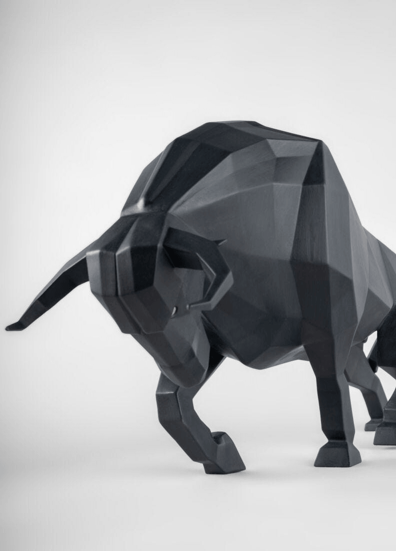 Lladró - Bull Sculpture - Black matte, handcrafted porcelain piece with geometric design and striking black finish.