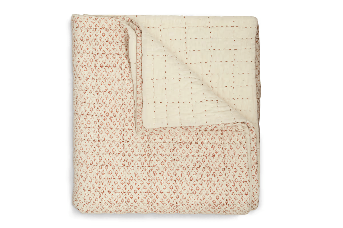 Nkuku - Peplu Cotton & Linen Screen Print Bed Quilt - Rust - 220 x 140cm