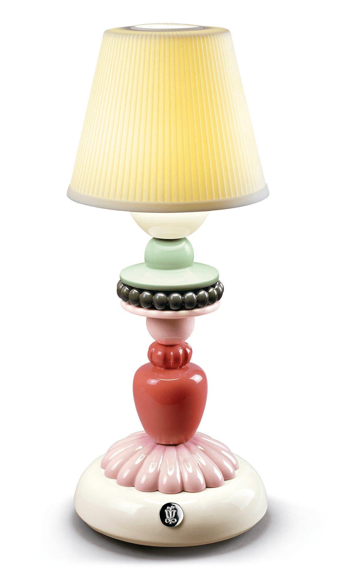 Lladró - Sunflower Firefly Table Lamp - Ivory in Lladro Porcelain. A wireless lamp with a ribbed shade and pastel base.