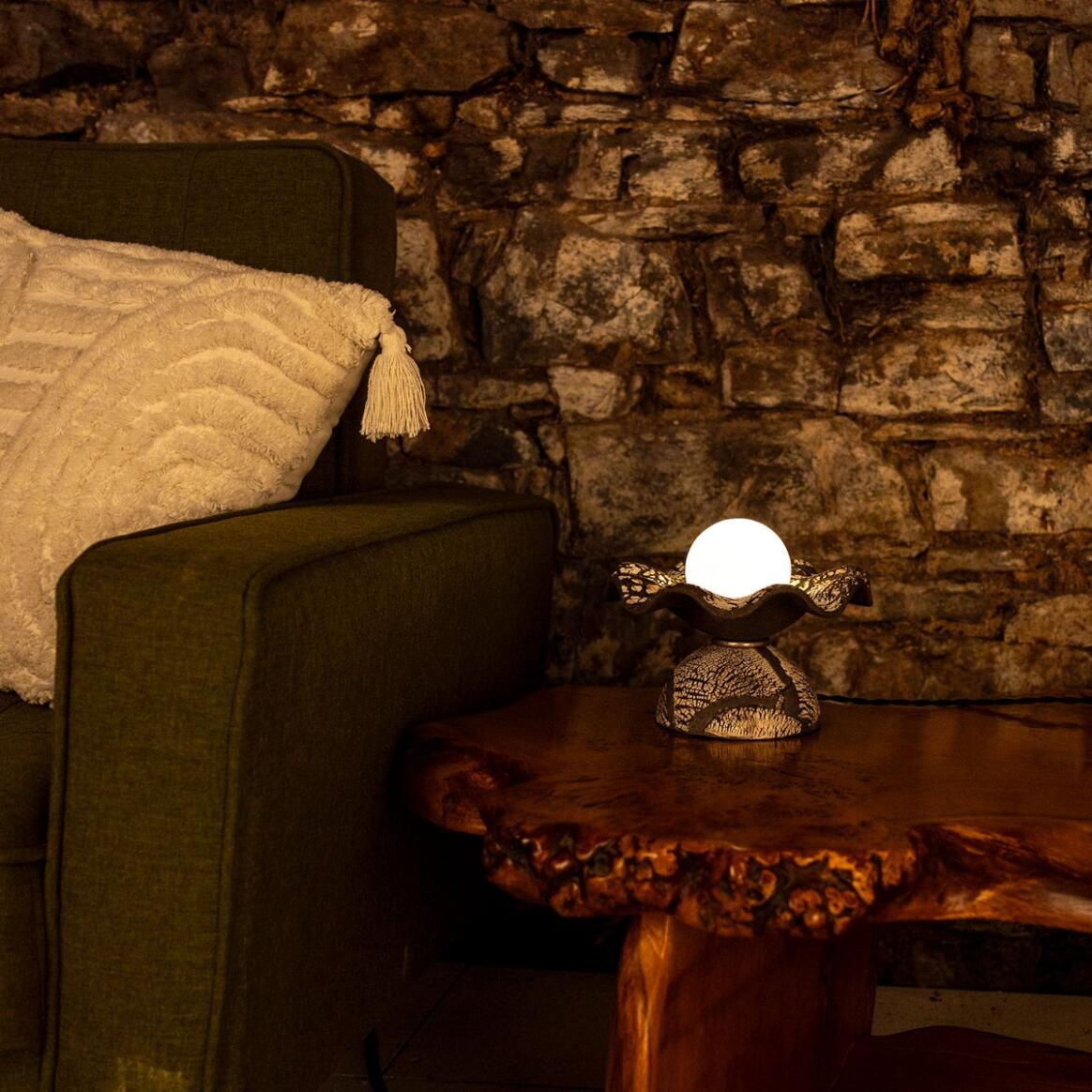 Mullan Rivale Table Lamp with Wavy Ceramic Shade Black Clay - Antique Silver Finish