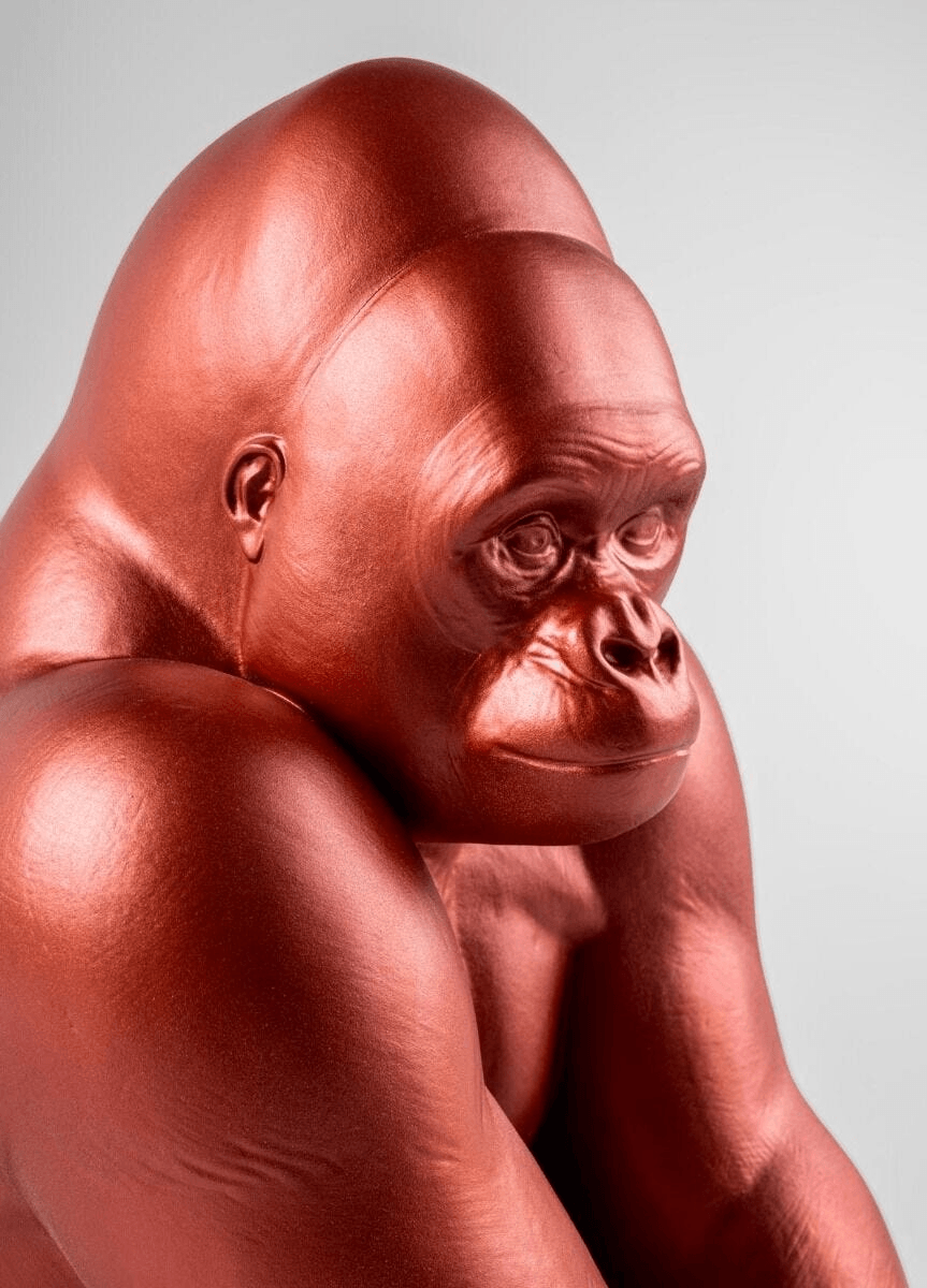 Lladró - Gorilla Sculpture - Metallic Red - Limited Edition, handcrafted porcelain sculpture in metallic red finish.