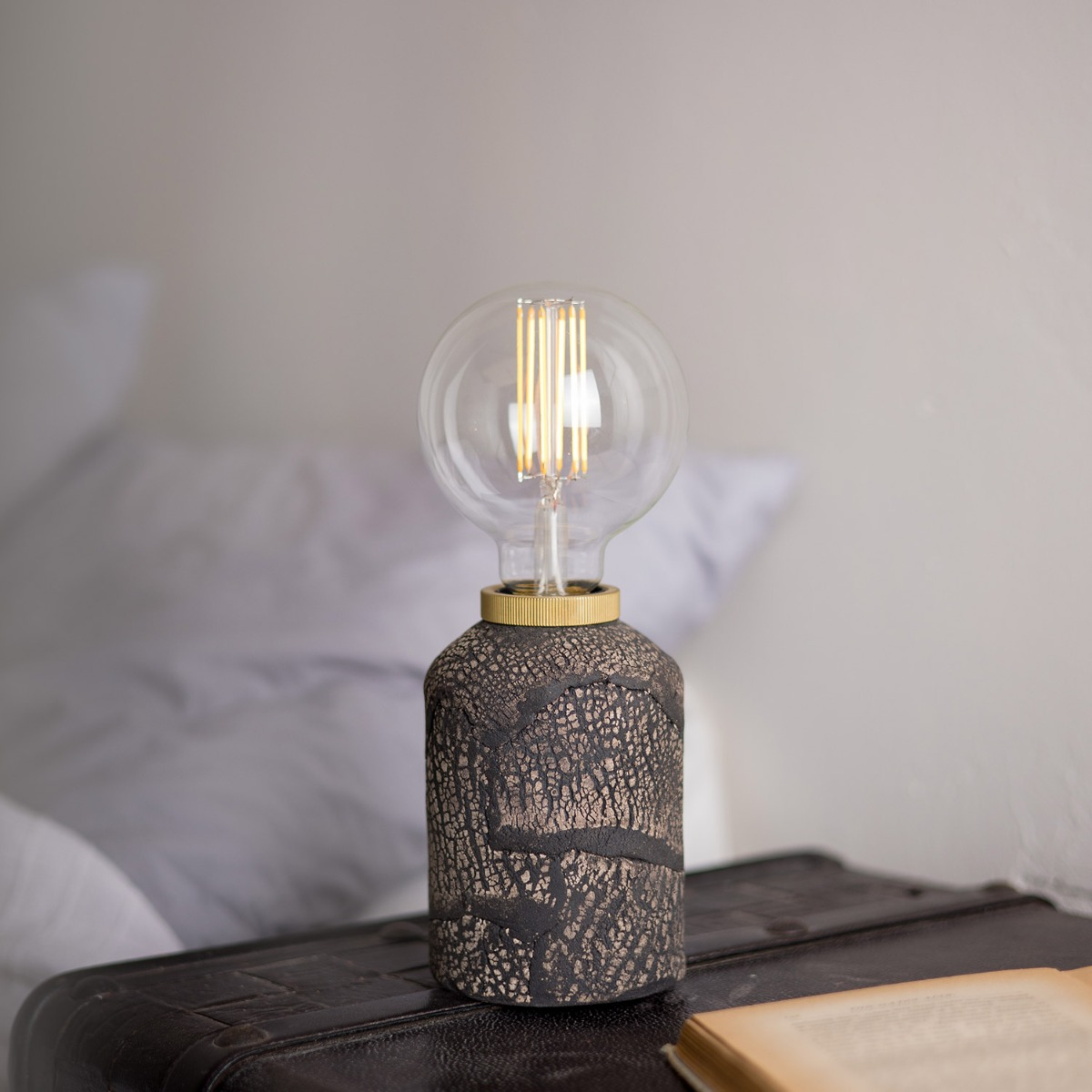 Mullan Bixa Small Ceramic Table Lamp Black Clay - Satin Brass Finish