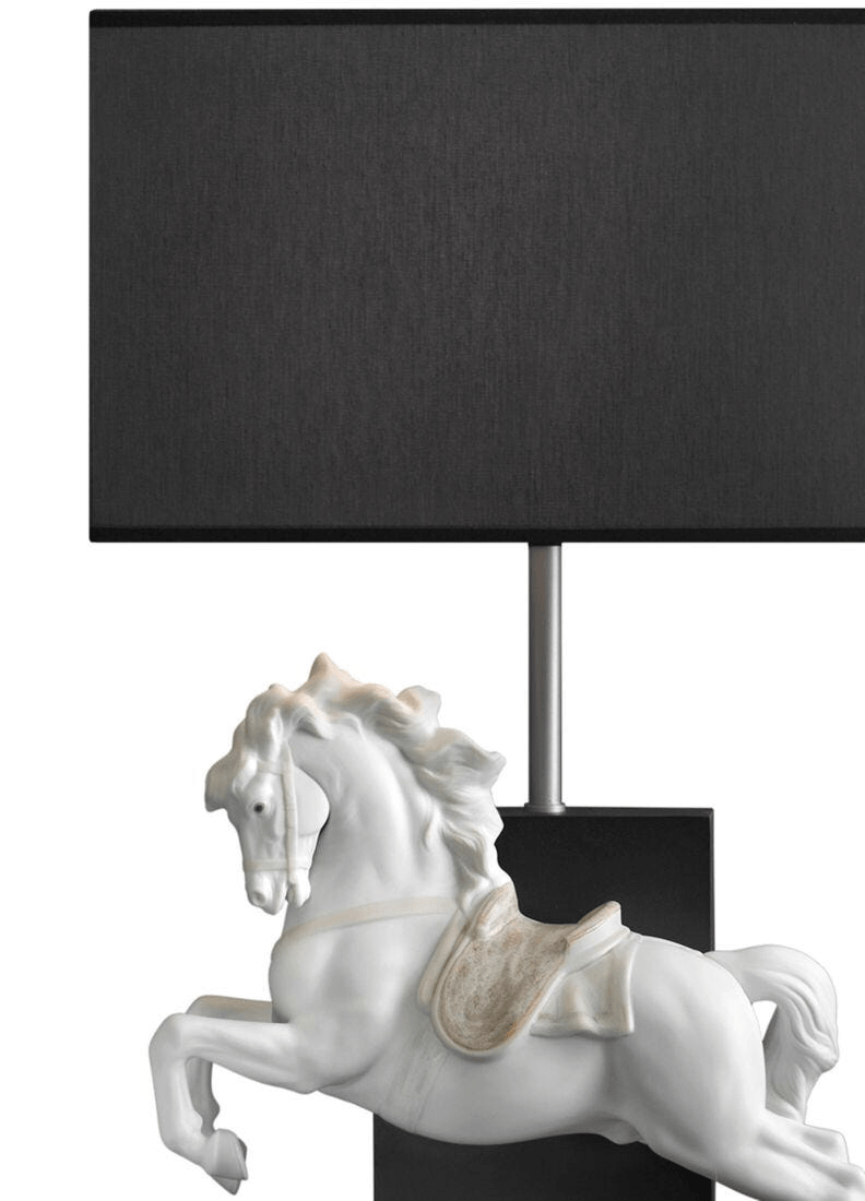 Lladró - Horse on Courbette Table Lamp featuring a white porcelain horse and black shade, enhancing decor.