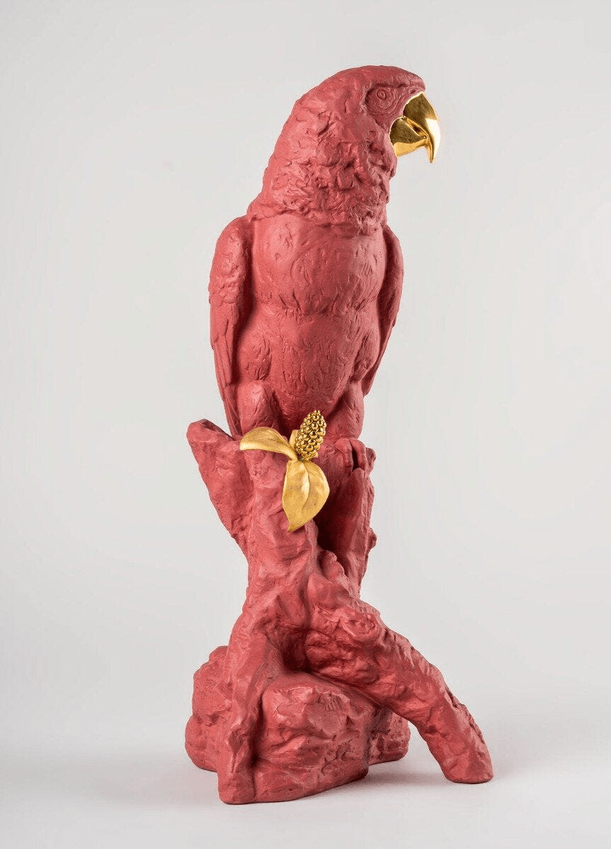 Lladró - Macaw Bird Sculpture - Red-Gold - Limited Edition crafted in porcelain with vibrant colors.