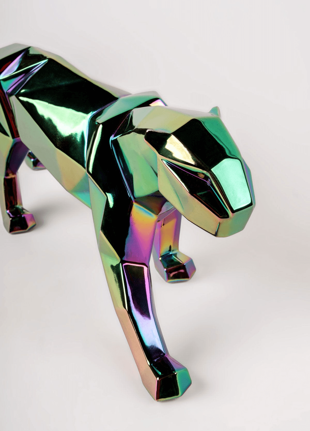 Lladró - Panther Sculpture - Iridiscent, colorful porcelain panther sculpture from the Origami collection.