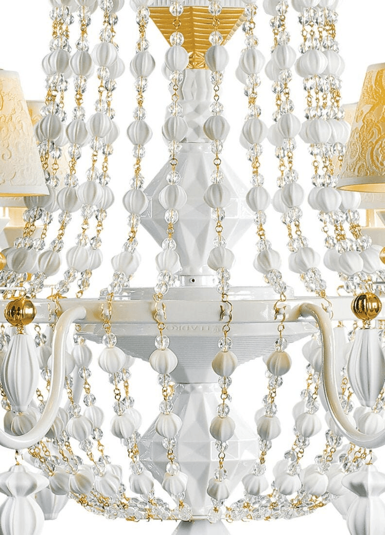 Lladró - Winter Palace 6 Lights Chandelier featuring elegant porcelain, golden accents, and intricate beaded detailing.