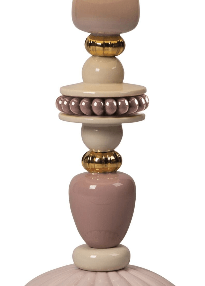 Lladró - Firefly Table Lamp - Pink and Gold glazed porcelain detail with gold accents and soft pastel colors.