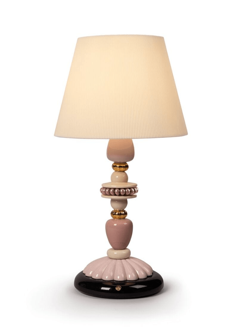 Lladró - Firefly Table Lamp - Pink and Gold, a stylish glazed porcelain lamp with gold accents.