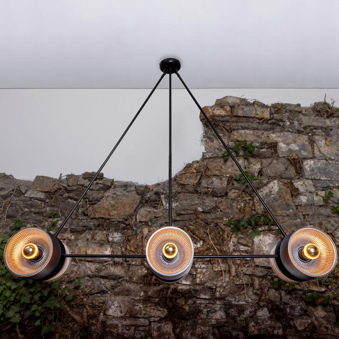 Mullan Eclipse Brass and Prismatic Glass Dish Chandelier - Powder-Coated Matte Black Finish
