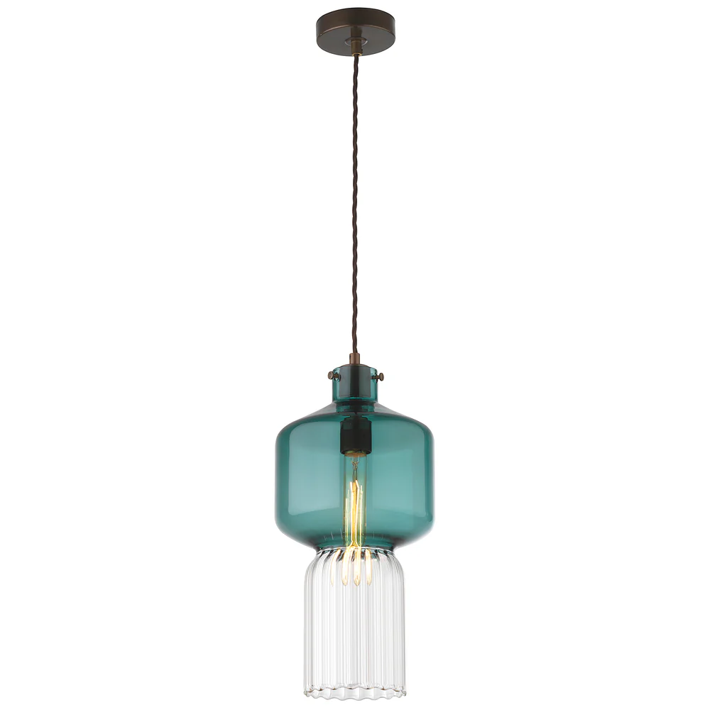 Northern Light - Corvus Pendant Ceiling Lights - Rich Bronze Finish - Teal Glass Shade