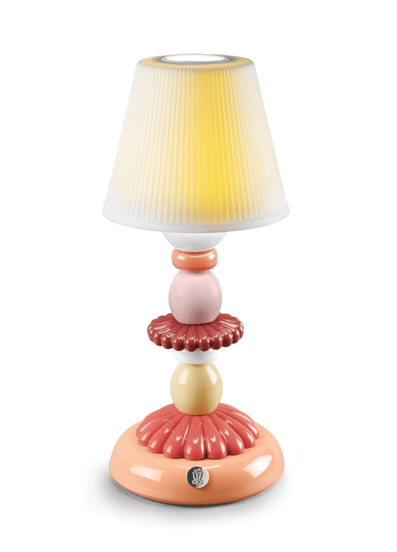 Lladró - Lotus Firefly Table Lamp - Coral featuring colorful porcelain design and elegant lamp shade.
