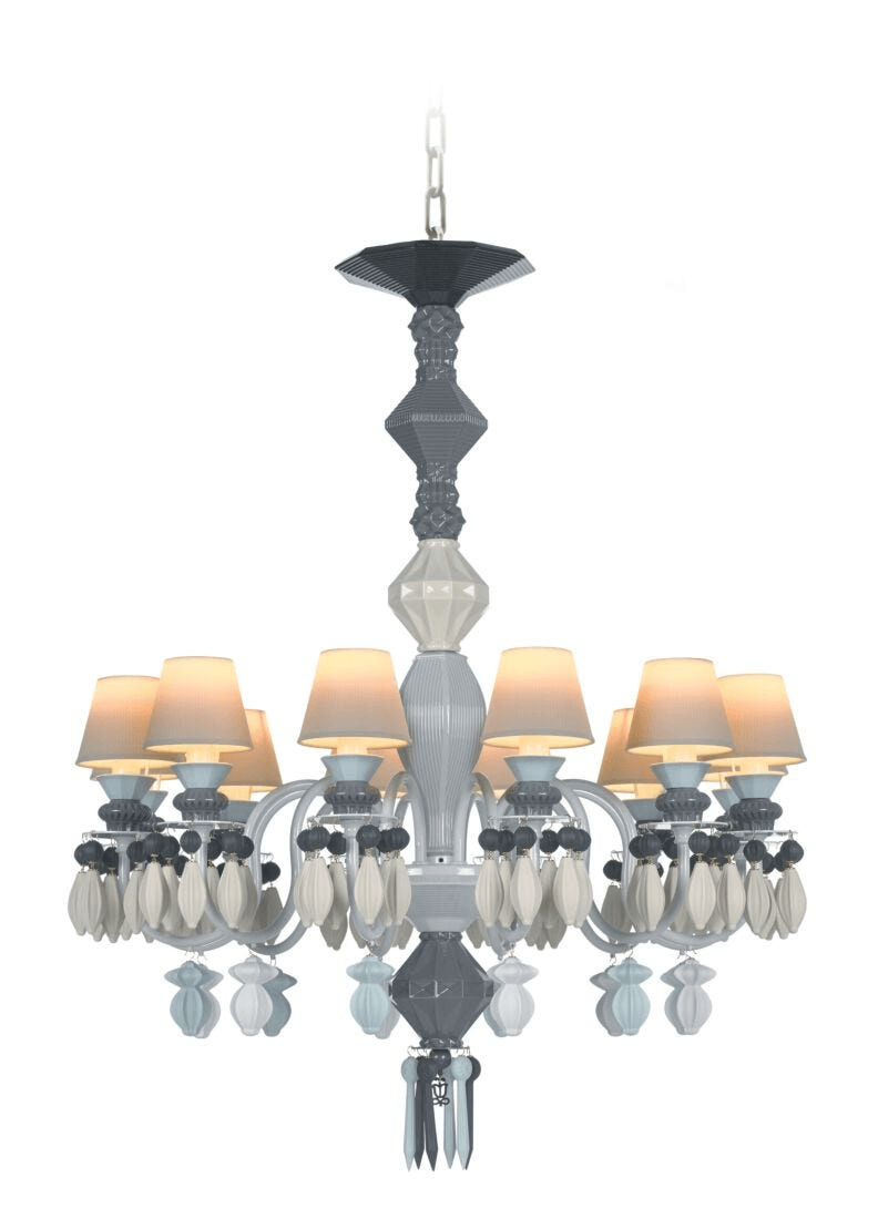 Lladró - Belle de Nuit 12 Lights Chandelier - Black, elegant porcelain lighting fixture with intricate design.