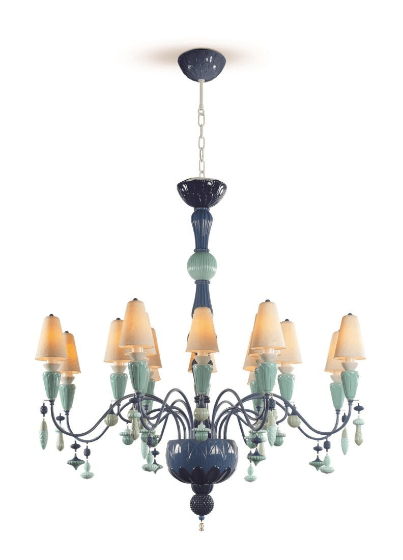 Lladró - Ivy and Seed 16 Lights Chandelier - Ocean, elegant porcelain chandelier with organic plant motifs.