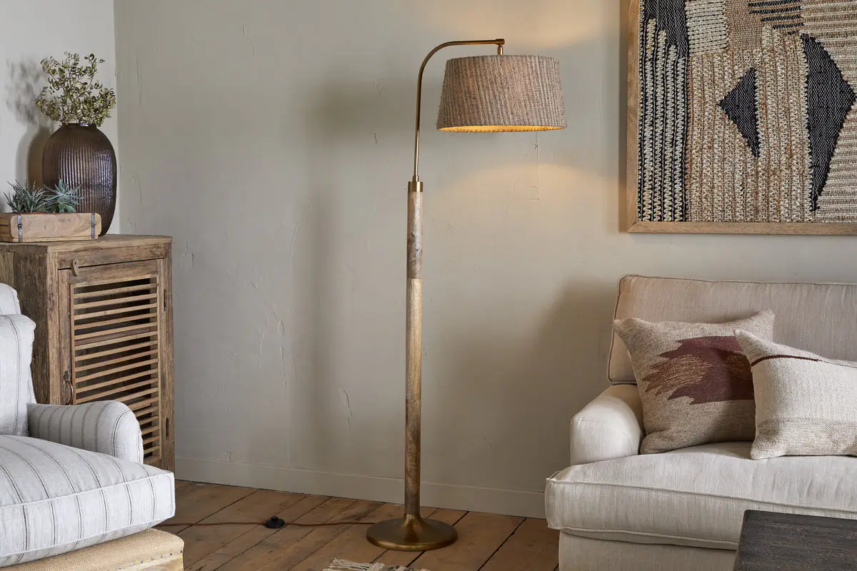Nkuku - Kera Wood & Metal Floor Lamp - Antique Brass & Natural