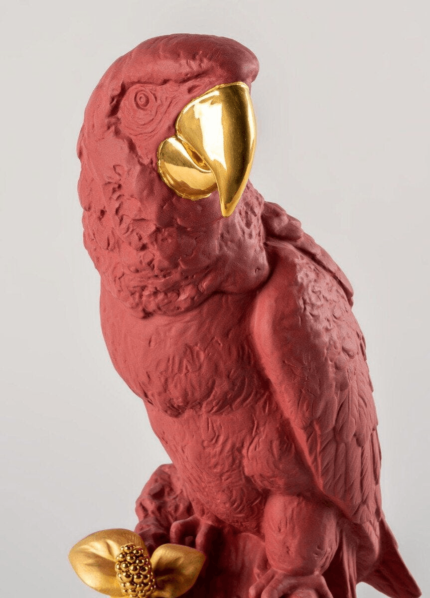 Lladró - Macaw Bird Sculpture - Red-Gold - Limited Edition, handcrafted porcelain bird with gold accents.