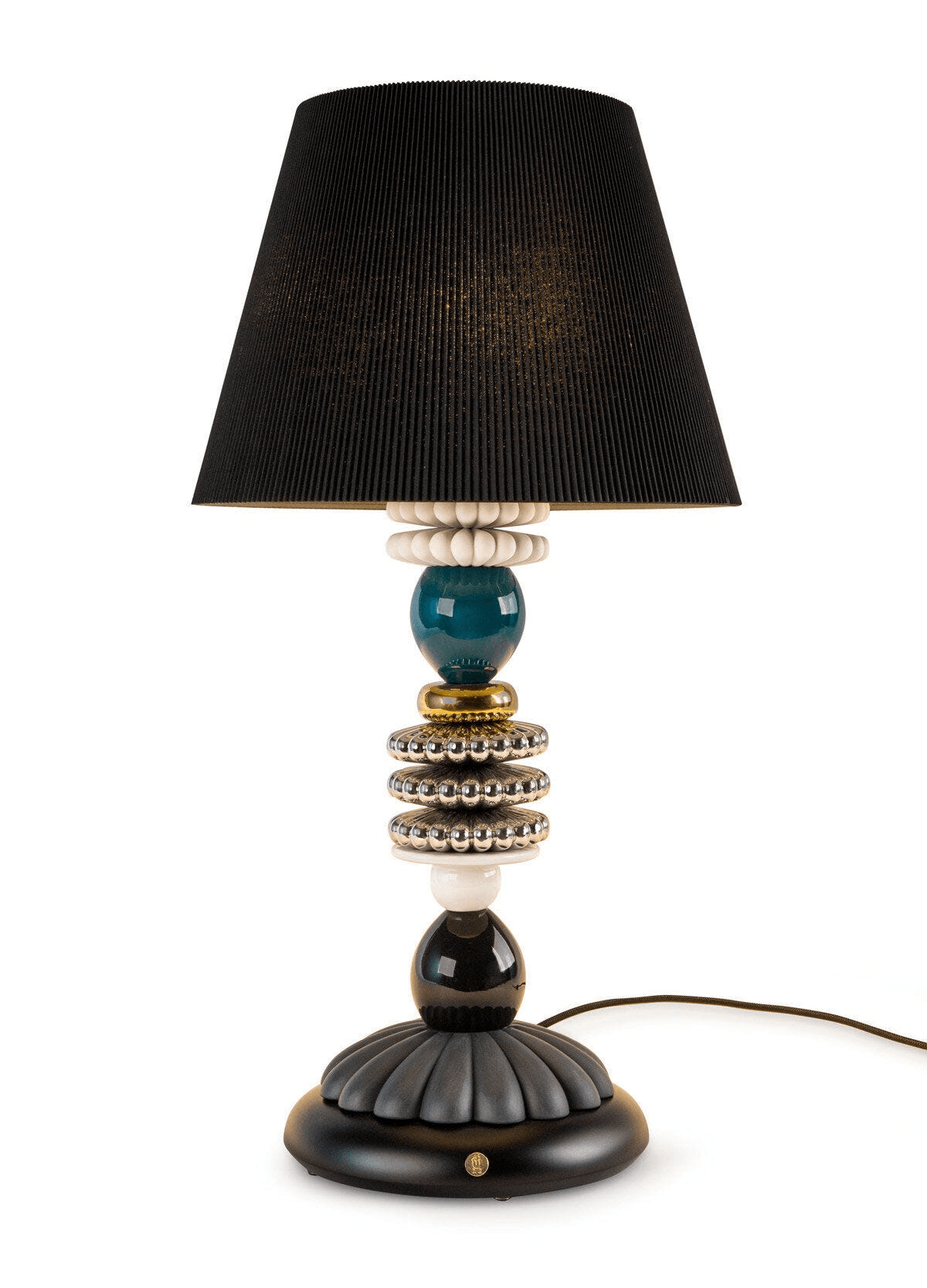 Lladró - Firefly Table Lamp by Olga Hanono. Lladro Porcelain lamp featuring a stacked metallic and black base with a black shade.