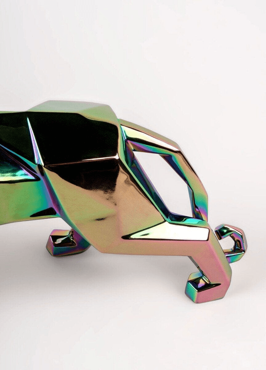 Lladró - Panther Sculpture - Golden in shimmering metallic finish, showcasing elegant geometric design, made of Porcelain.
