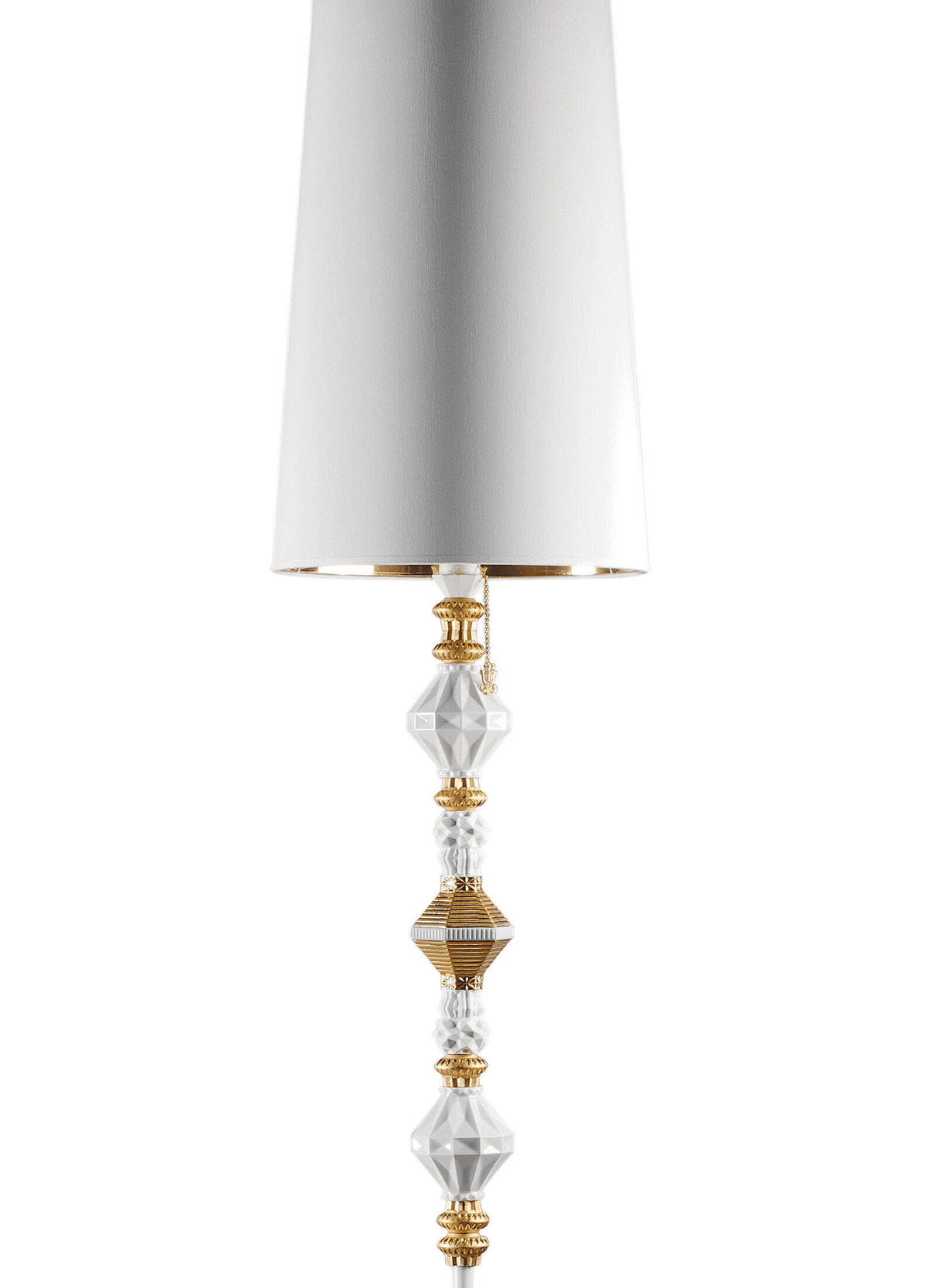 Lladró - Belle de Nuit Floor Lamp II - Golden luster. White Lladro Porcelain lamp with gold accents and white shade.