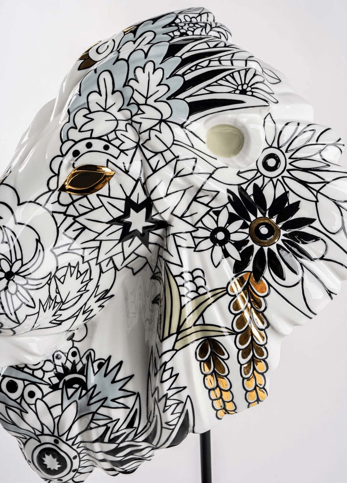 Lladró - Lion Mask - Wild Nature detailed view showcasing floral design on porcelain.