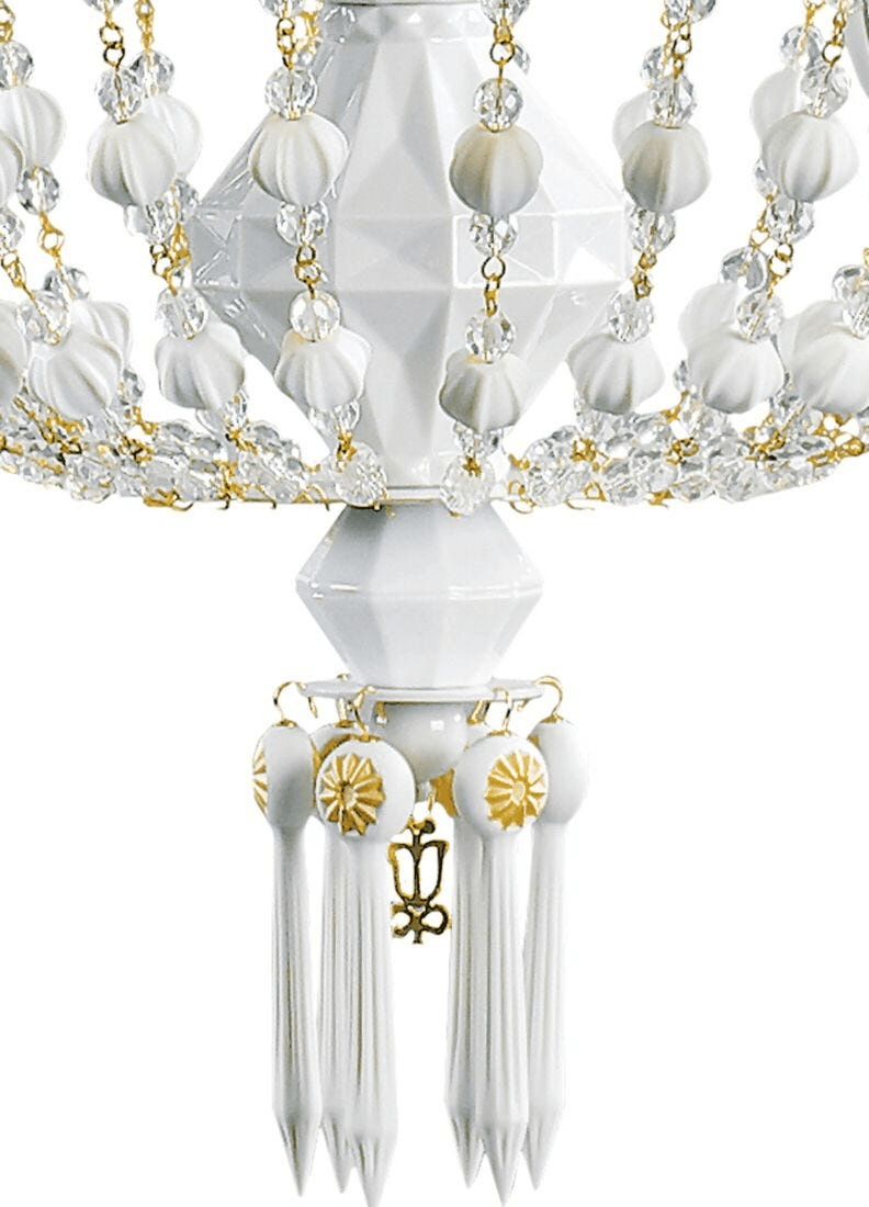 Close-up of Lladró - Winter Palace 6 Lights Chandelier showcasing elegant porcelain and gold details.