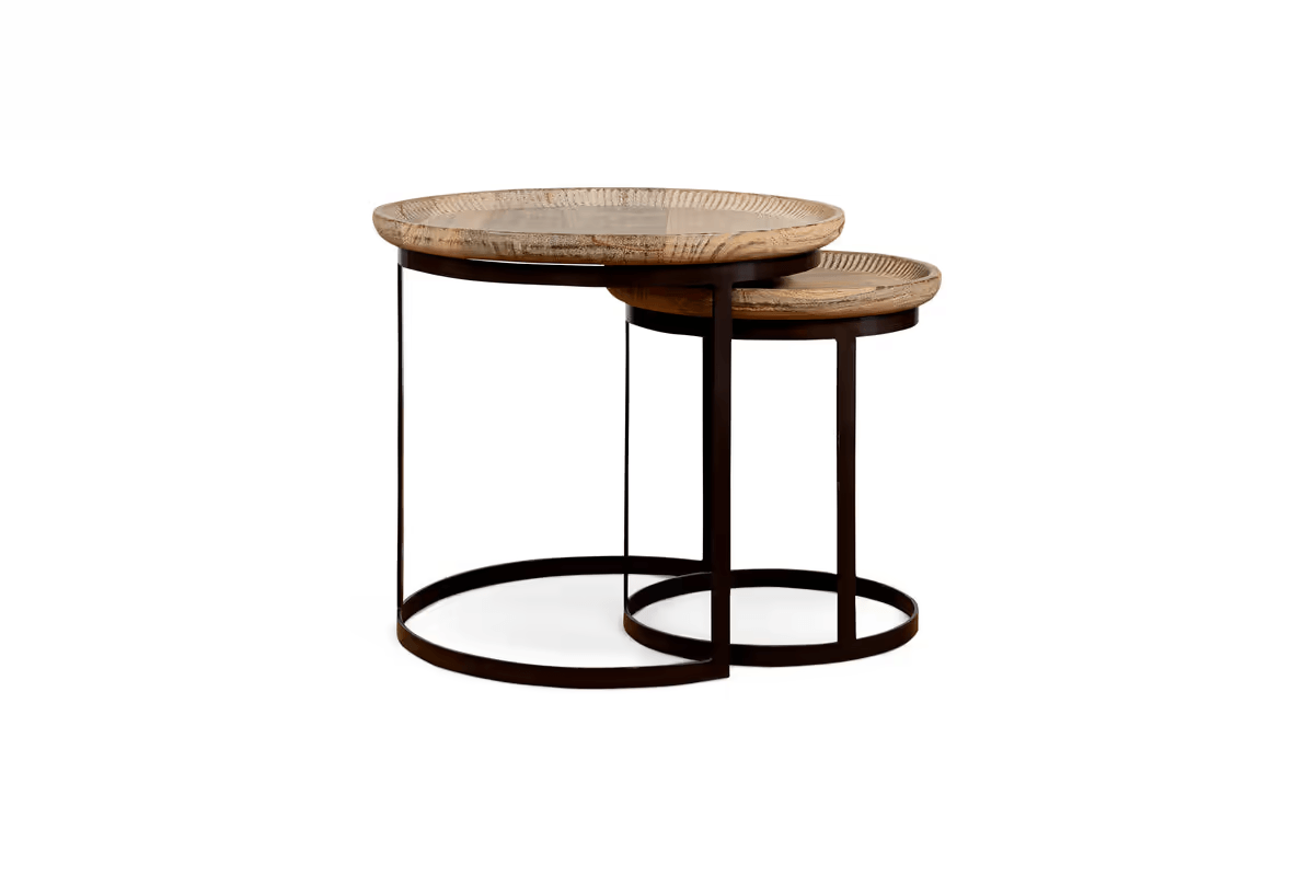 Nkuku - Nisha Carved Reclaimed Wood & Iron Nesting Side Tables - Natural