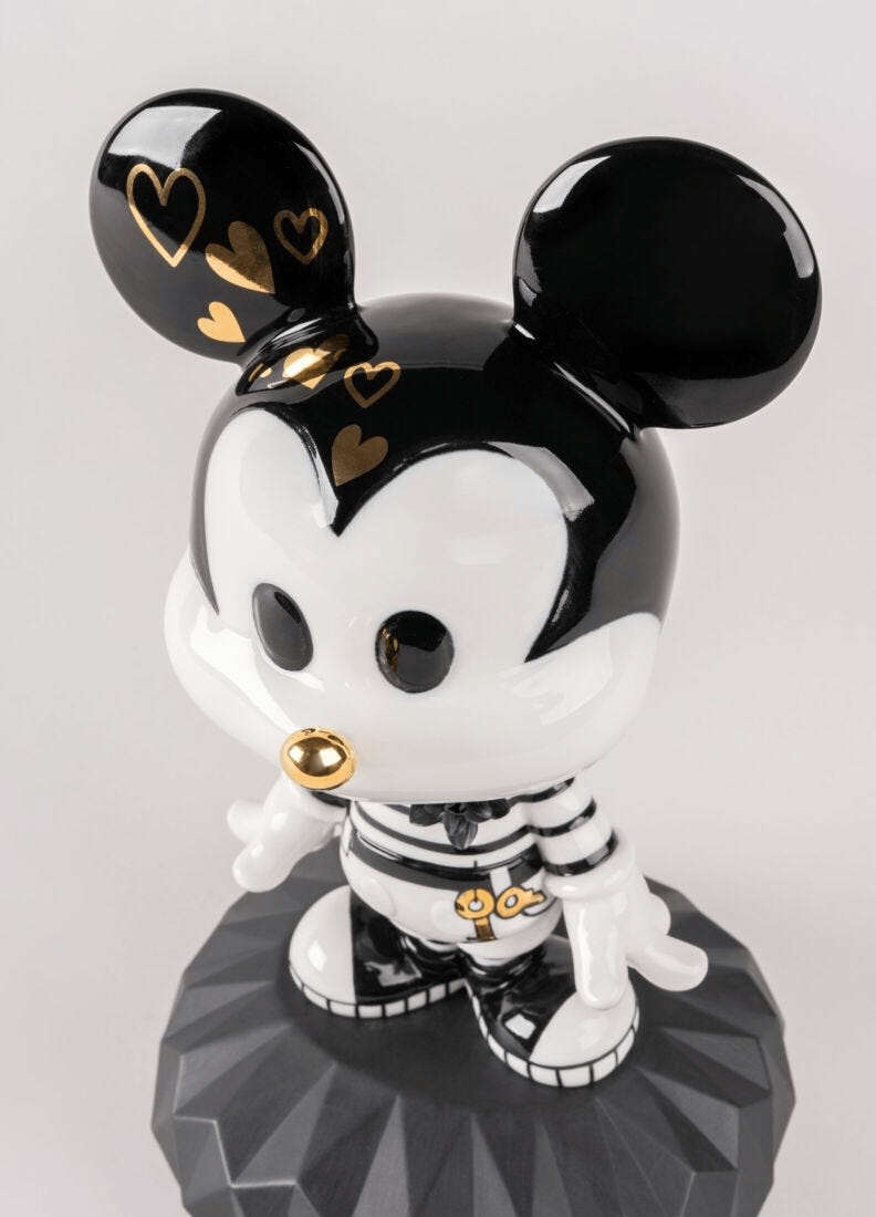 Lladró - Mickey in Black and White Sculpture showcasing black and white porcelain design with heart details.