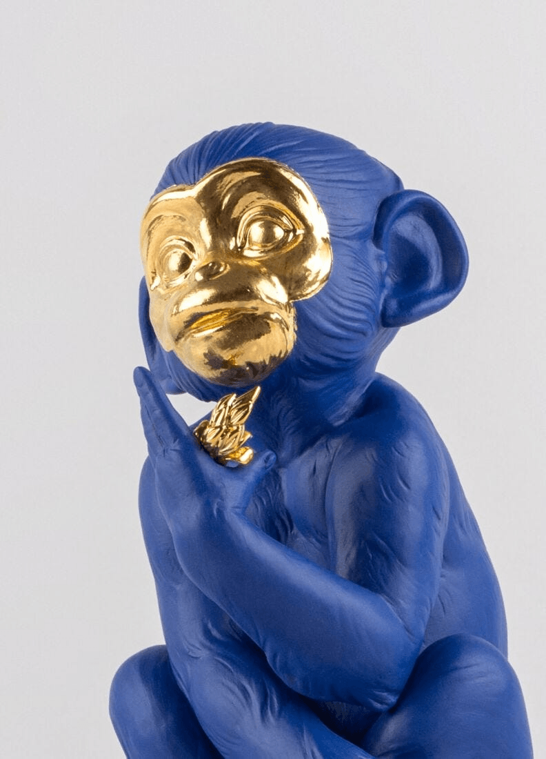 Lladró - Little monkey Sculpture - Blue-Gold - Limited Edition, exquisite porcelain design, bold blue and gold detailing.