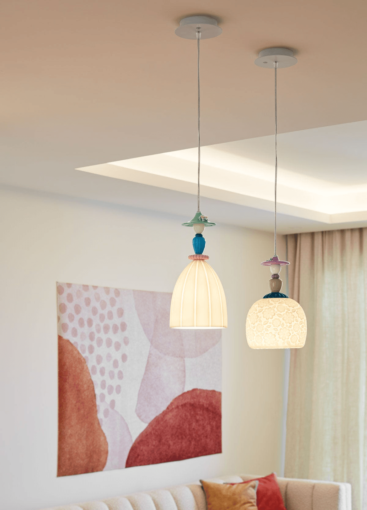 Lladró - Mademoiselle Pendant Light - Daniela hanging lamps in a modern setting, showcasing porcelain design.
