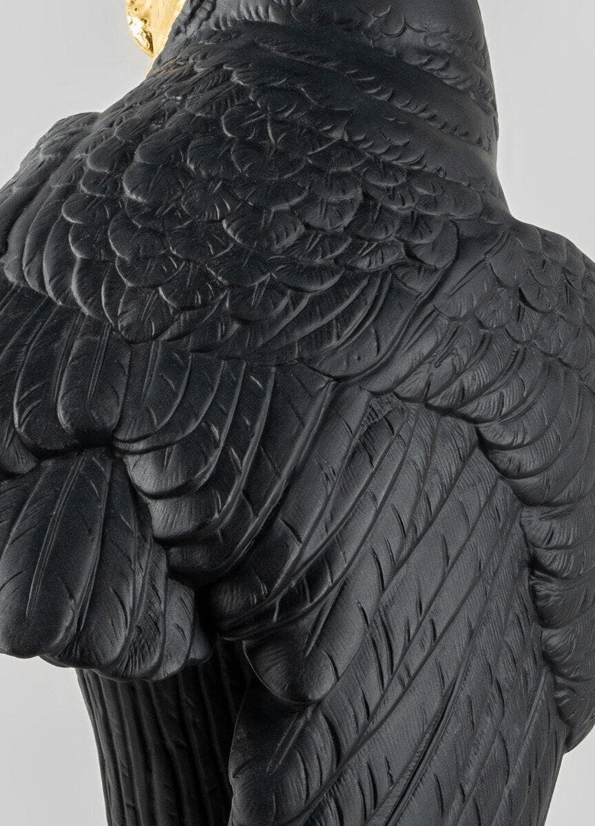 Lladró - Owl Sculpture - Black-gold - Limited Edition close-up of intricate black porcelain feathers.