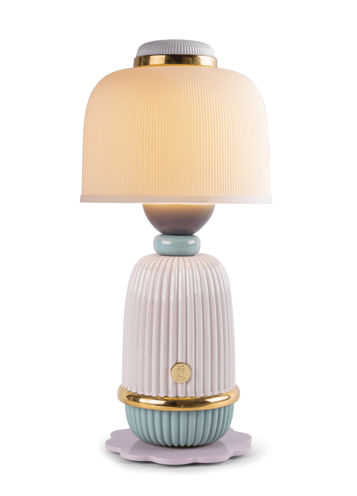 Lladró - Kokeshi lamp - Pink - A handcrafted Lladro Porcelain cordless table lamp with ribbed pastel and gold details.