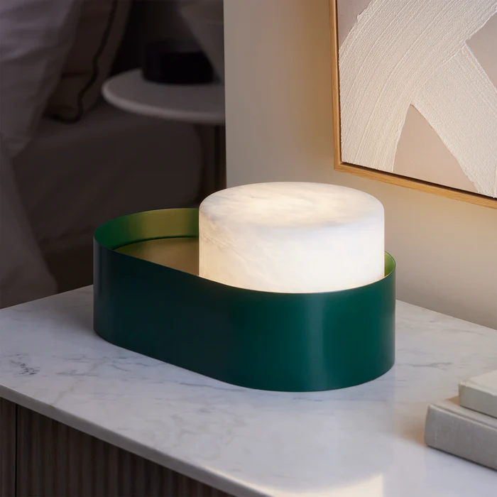 Northern Light - Windermere Alabaster Table Lamp - Green Brushed Brass Finish - White Alabaster Drum 180mm Shade