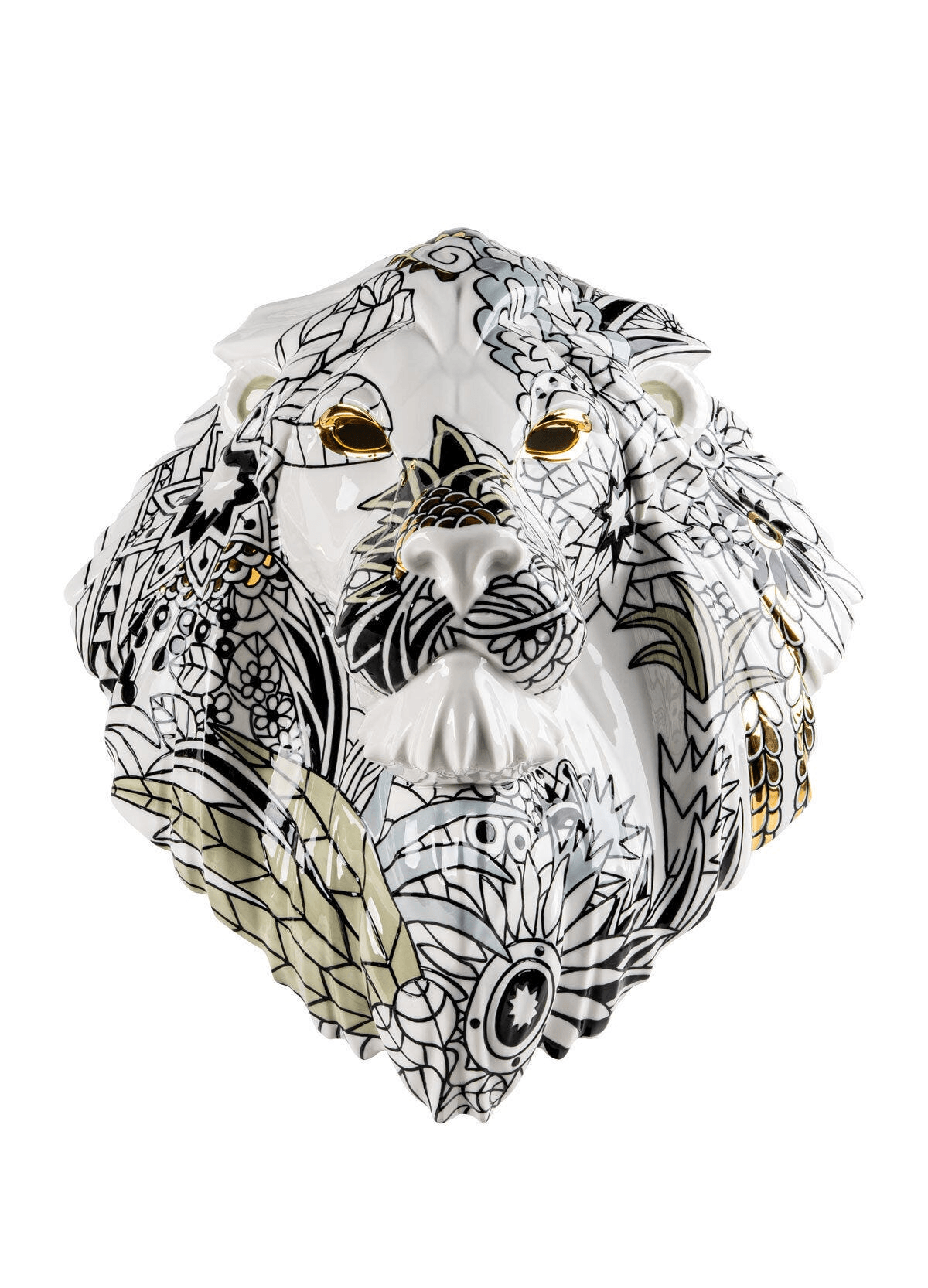 Lladró - Lion Mask - Wild Nature, floral design porcelain lion mask with fine details and golden accents.
