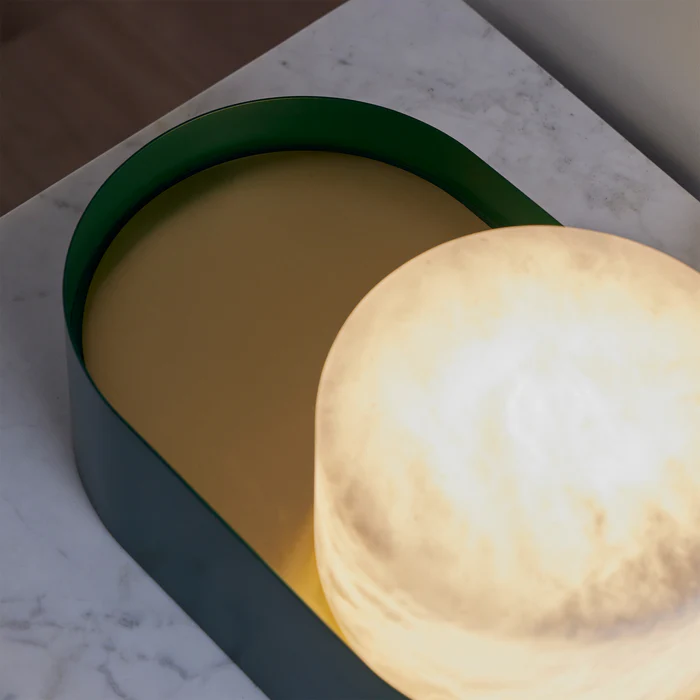 Northern Light - Windermere Alabaster Table Lamp - Green Brushed Brass Finish - White Alabaster Drum 180mm Shade